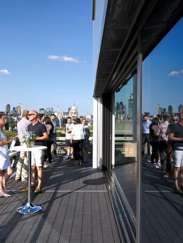 The Buffini Chao Deck event hire space - terrace exterior with people, looking east to St Paul's Cathedral