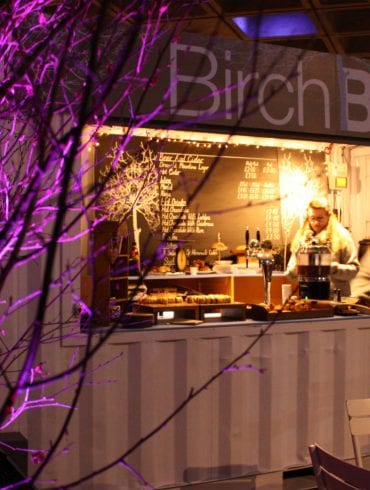 A Christmas themed 'Birch Bar' with a container style front wall