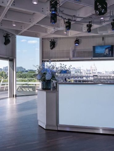 The Buffini Chao Deck event hire space interior with bar and view east towards St Paul's