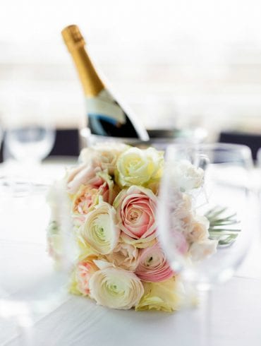 The Buffini Chao Deck event hire space: roses and sparkling wine