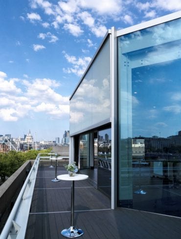 The Buffini Chao Deck event hire space: the terrace in the daytime, with views towards the city