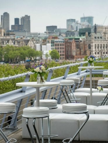 The Buffini Chao Deck event hire space: the terrace with white furniture and views towards the city