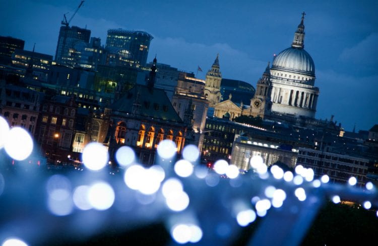 The Buffini Chao Deck event hire space: with views towards St Paul's at night